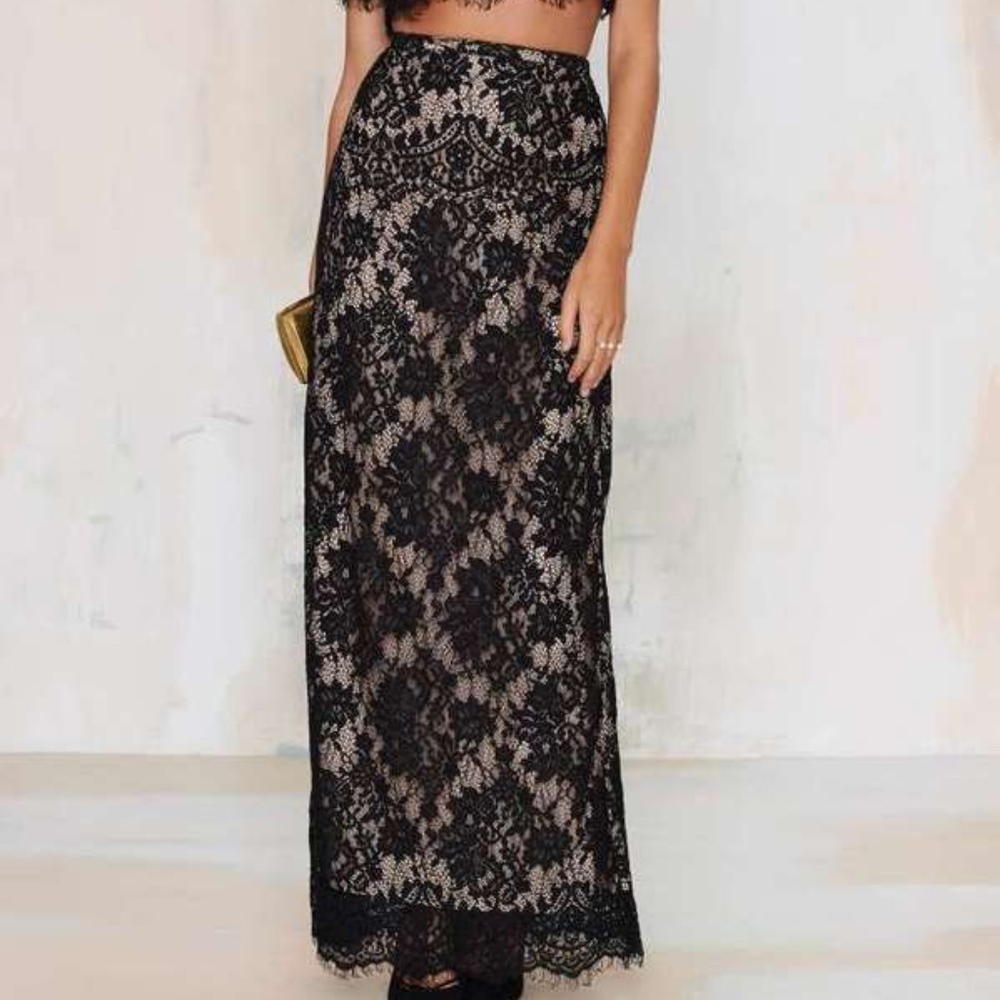 Black Lace Maxi Skirt with Nude Lining